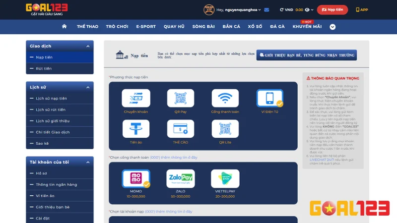 Cách Nạp Tiền GOAL123 An Toàn và Nhanh Chóng