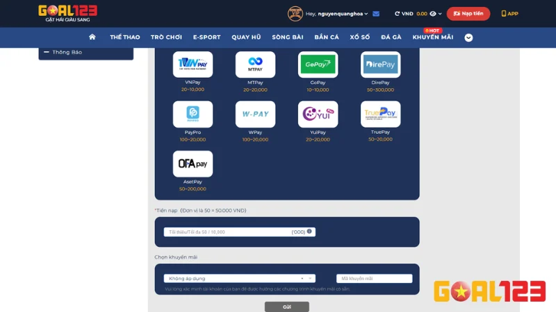 Hướng Dẫn Nạp Tiền GOAL123