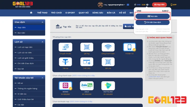 Cách Rút Tiền GOAL123 An Toàn và Nhanh Chóng
